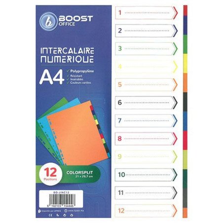 Jeux de 12 Intercalaires couleurs en plastique BOOST OFFICE Réf : BO-JINC12