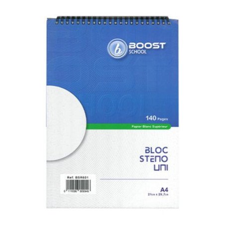 Bloc note Sténo uni Blanc 140P grand format A4  BOOST SCHOOL Réf : BSU140A4